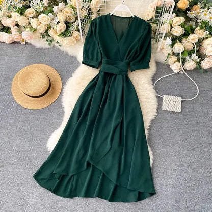 Women's Dress Spring New Temperament V-neck Solid Color Bubble Short-sleeved Irregular Ruffle Edge Lacing Dress Leisure Vestidos