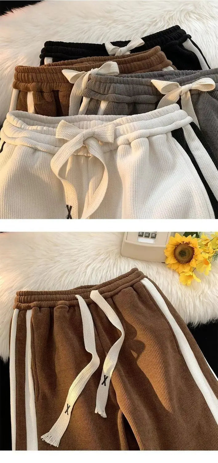 Thickened Fleece Corduroy Pants High Waist Loose Straight Leg Striped High School Students Autumn Winter Fashion Brand Teenag...
