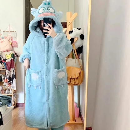 Miniso Kawaii Hellokitty Plush Robes Girls Cute Sanrio Anime Y2K Pajamas Hooded Blanket Casual Fleece Sleepwear Women Clothing