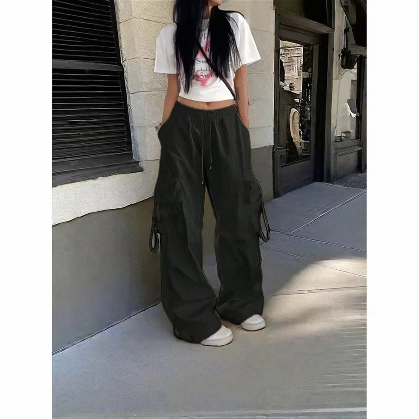 Oversized Pocket High Street Pant Black Vintage High Waist Women's Pants Fashion Retro Casual Streetwear Loose Jogger Trousers