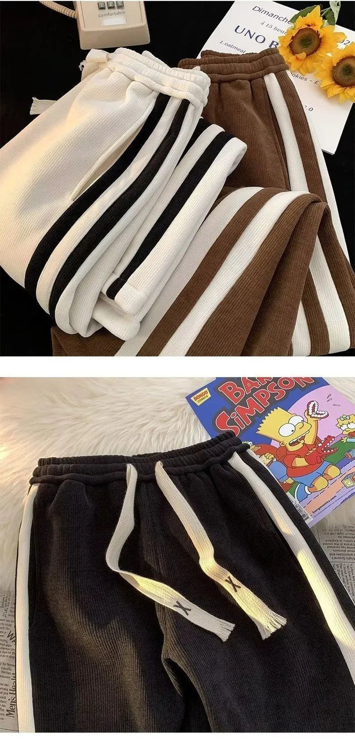 Thickened Fleece Corduroy Pants High Waist Loose Straight Leg Striped High School Students Autumn Winter Fashion Brand Teenag...