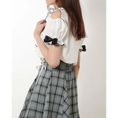 Sweet Lolita Fashion All Match Blouses Women Japanese Summer Y2k Aesthetic Ruffled Bow Shirts Girly Kawaii Patchwork Tops Blusas