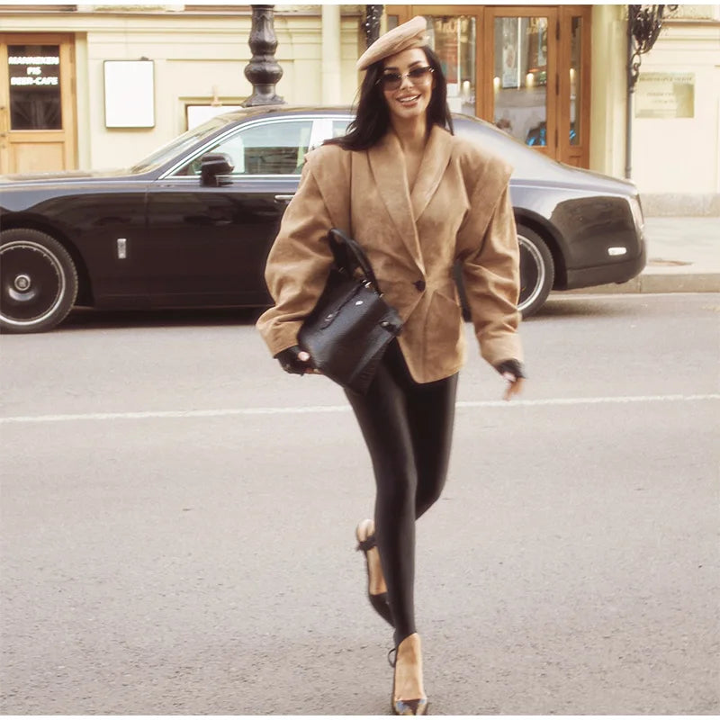 Single Breasted Buckle Casual Suede Jacket Women Chic Shoulder Pad Full Sleeve Lapel Slim Coat Autumn Lady New Highstreet Wear