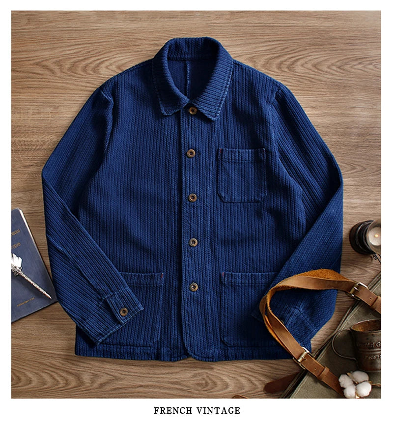 Indigo Cargo Jacket Men Vintage Heavy Weight Cotton Blue Dyed Workwear Tooling Jacket French Retro Multi-pocket Cardigan Coat