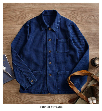 Indigo Cargo Jacket Men Vintage Heavy Weight Cotton Blue Dyed Workwear Tooling Jacket French Retro Multi-pocket Cardigan Coat