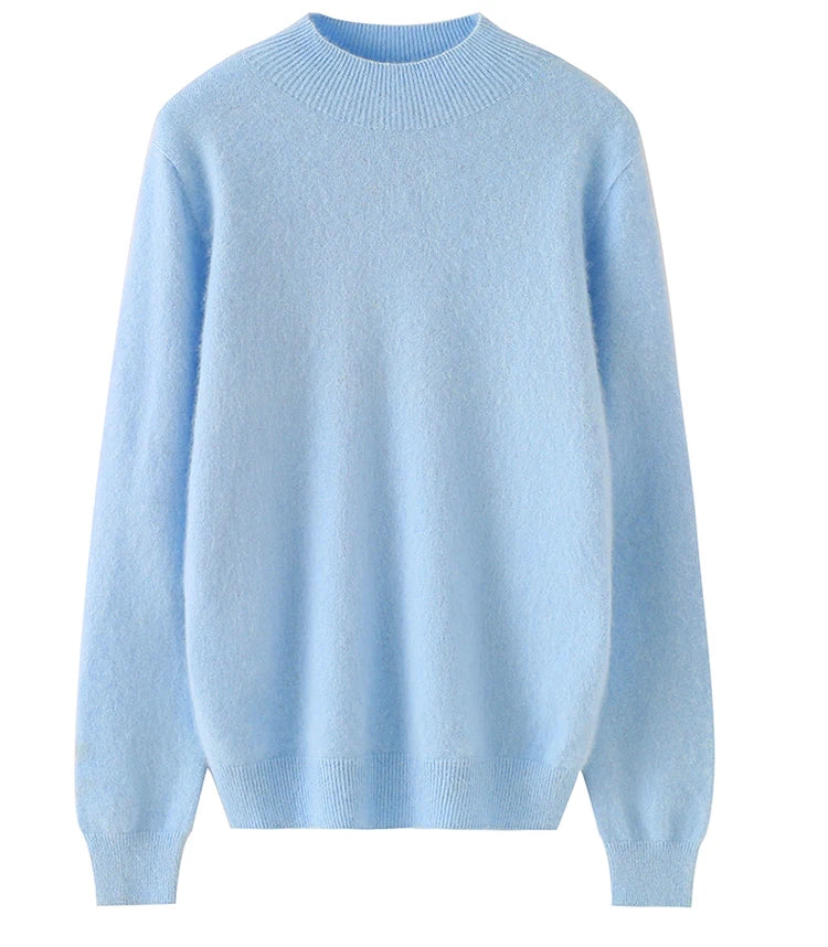 100% Pure Mink Cashmere Knitted Sweater Women's Semi-High Neck Loose Pullovers Casual Joker Warm Bottoming Shirt Autumn Blouse