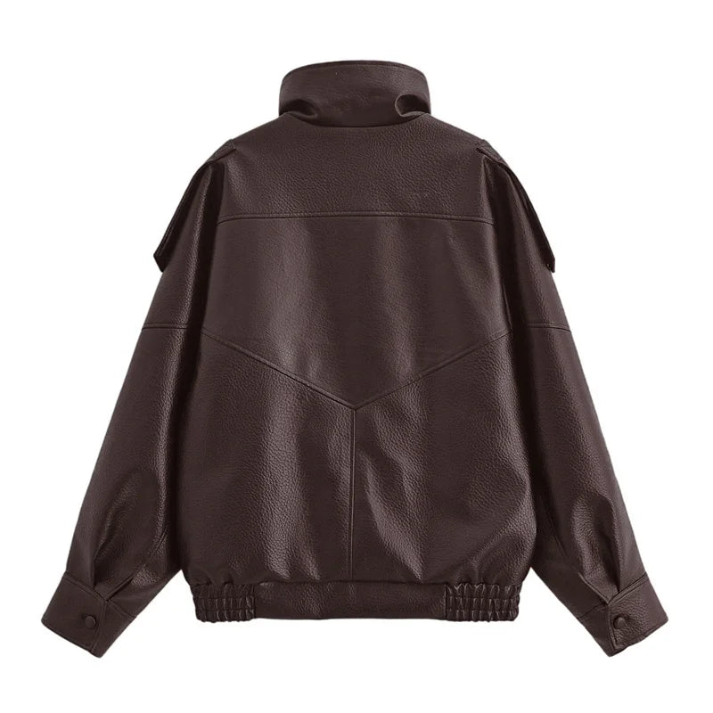 Women's Jacket Fall 2025 New Black Long Sleeve Pebble Faux Leather Jacket Motorcycle Style Personality Fashion