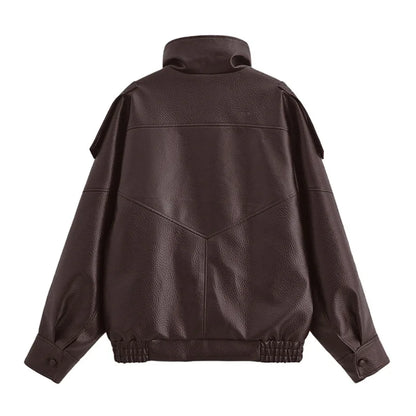 Women's Jacket Fall 2025 New Black Long Sleeve Pebble Faux Leather Jacket Motorcycle Style Personality Fashion