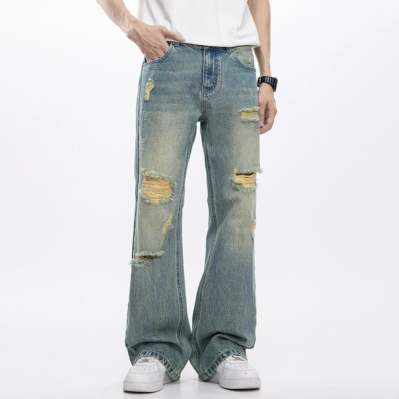 KSTUN Flared Jeans Men Booocut Jean Streetwear Denim Pants Ripped Hollow Out Vintage Jeans Men Distressed Frayed Americian Style