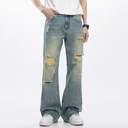 KSTUN Flared Jeans Men Booocut Jean Streetwear Denim Pants Ripped Hollow Out Vintage Jeans Men Distressed Frayed Americian Style