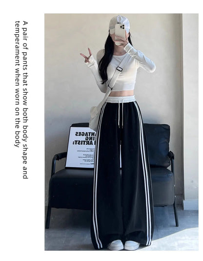 High Waist Wide Leg Pants Women's Spring Autumn New Style Loose American Knife Edge Sports Trousers Color Block Striped