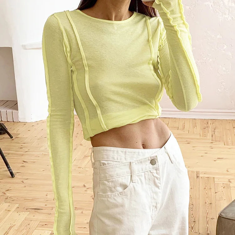 White O-Neck Women'S T-Shirt 2022 Elegant Yellow Long Sleeve Fall Tee Shirt Casual Slim Elastic Solid Top Female