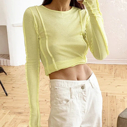 White O-Neck Women'S T-Shirt 2022 Elegant Yellow Long Sleeve Fall Tee Shirt Casual Slim Elastic Solid Top Female