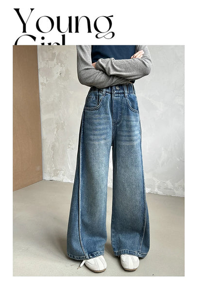 New Autumn Tween Girl Dark Blue Jeans Foldable Wide Leg Denim Pants Kids Child Spring High Waist Jeans Trousers Age 4 To 14 Y