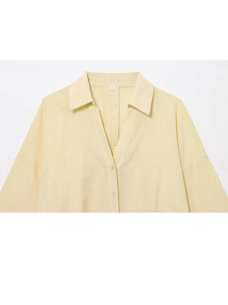 HH 2025 Casual Women Soild Linen Loose Shirt Summer Female Lapel Collar Long Sleeve Oversized Office Wear Lady Blouse