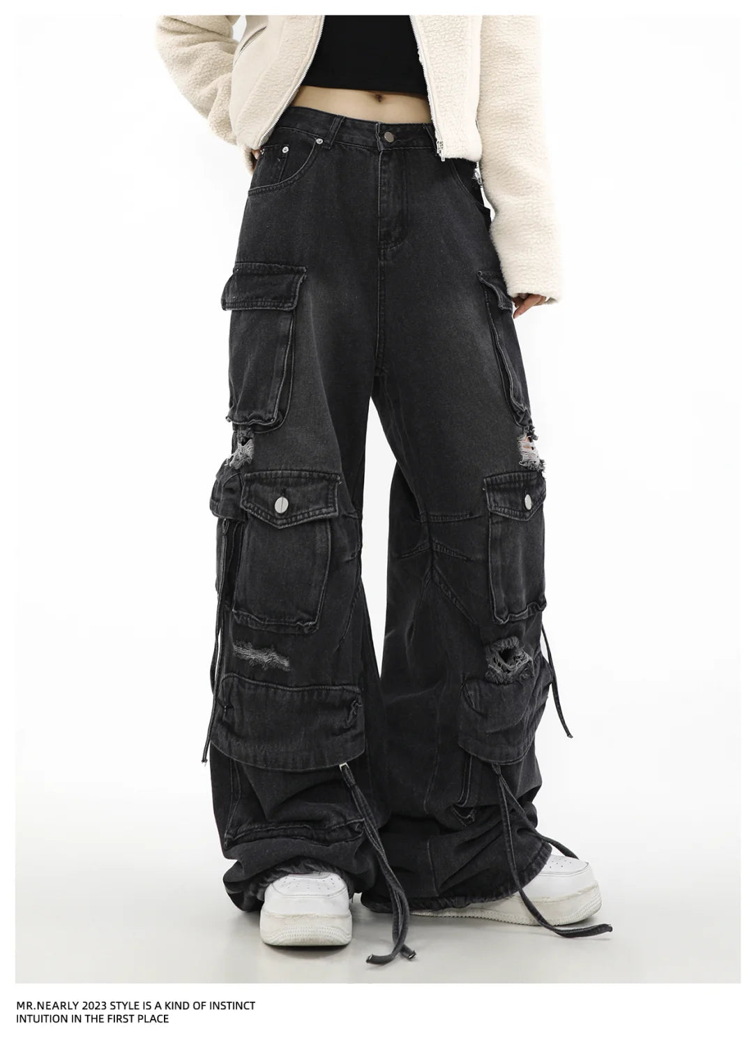 Women Y2k American Retro Mutil Pockets Cargo Jeans 90s Vintage 2000s Jean Pants Trashy Clothes 2025 Black Baggy Cargo Jeans