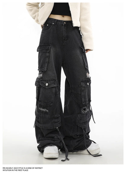 Women Y2k American Retro Mutil Pockets Cargo Jeans 90s Vintage 2000s Jean Pants Trashy Clothes 2025 Black Baggy Cargo Jeans