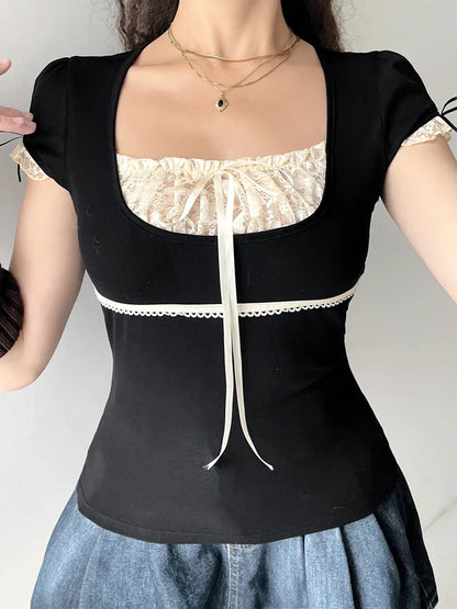 Y2k Lace Trim Crop Top Bow Cute Sweet Square Neck Tee Short Sleeve Harajuku Casual T Shirt Women Prepply Retro Korean Top Summer