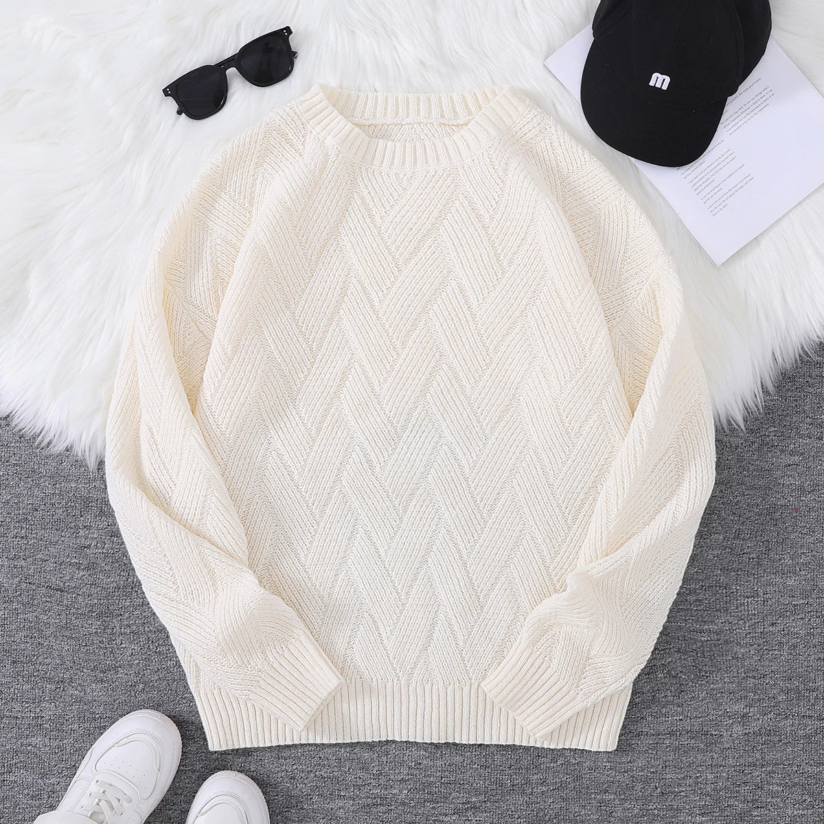New Japanese-Style Round-Neck Couple's Sweater, Plain Knit, Casual Versatile Trendy Men's Long-Sleeve Sweater Top