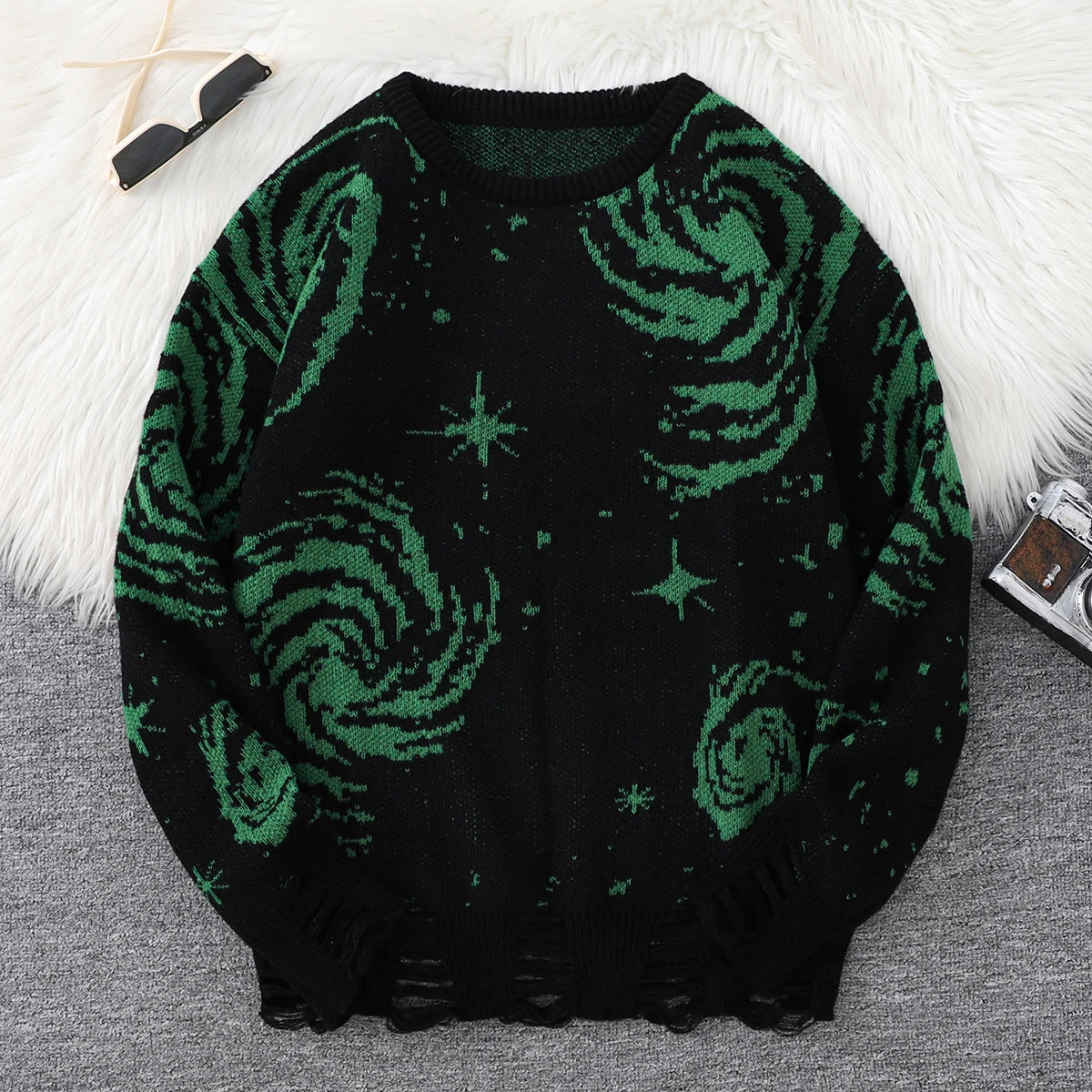 New Trendy Street Style Ripped Abstract Starry Sky Pattern Pullover Ripped Sweater Casual Crew Neck Knitted Men's Pullover