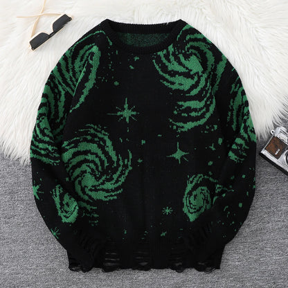 New Trendy Street Style Ripped Abstract Starry Sky Pattern Pullover Ripped Sweater Casual Crew Neck Knitted Men's Pullover