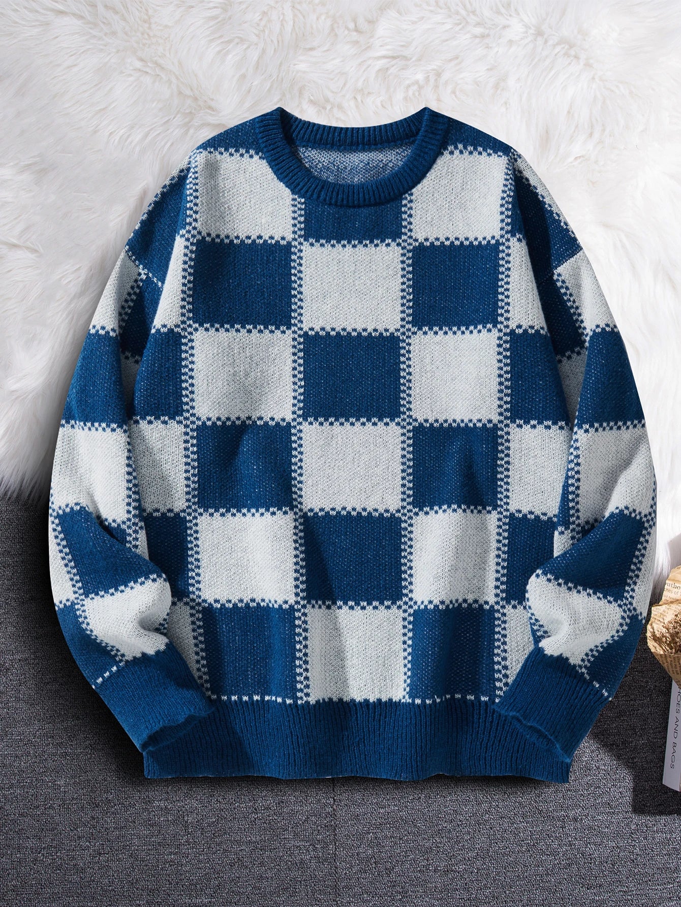 Retro Trendy Plaid Jacquard Pattern Pullover Sweater Casual Round Neck Color-Block Knit Men's Pullover