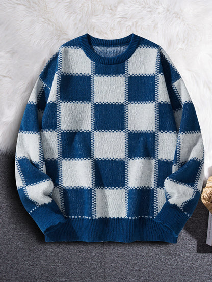 Retro Trendy Plaid Jacquard Pattern Pullover Sweater Casual Round Neck Color-Block Knit Men's Pullover