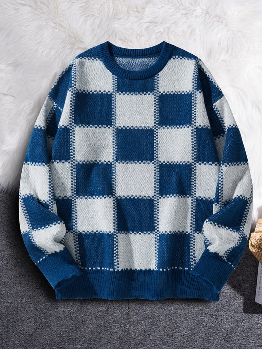 Retro Trendy Plaid Jacquard Pattern Pullover Sweater Casual Round Neck Color-Block Knit Men's Pullover