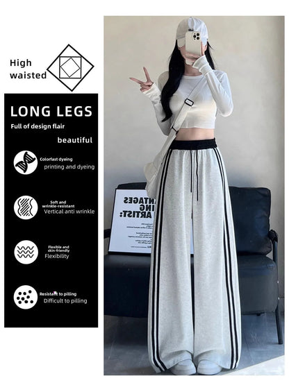 High Waist Wide Leg Pants Women's Spring Autumn New Style Loose American Knife Edge Sports Trousers Color Block Striped
