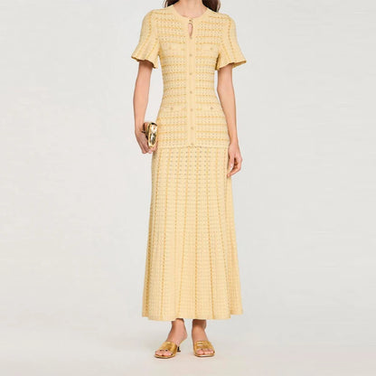 Summer Luxury Navy Blue Tweed Knit Maxi Dress Women Elegant Short Sleeve Button Front Pocket Mermaid Hem Formal Party Outfit New