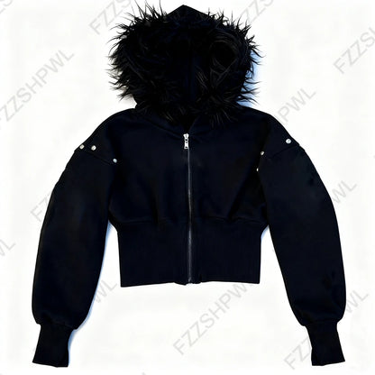 Y2K Harajuku Gothic Women's Hoodie Sexy Slim Chic Suede Fur Collar Letter Print Cardigan Sweatshirt Aesthetic Female Streetwear