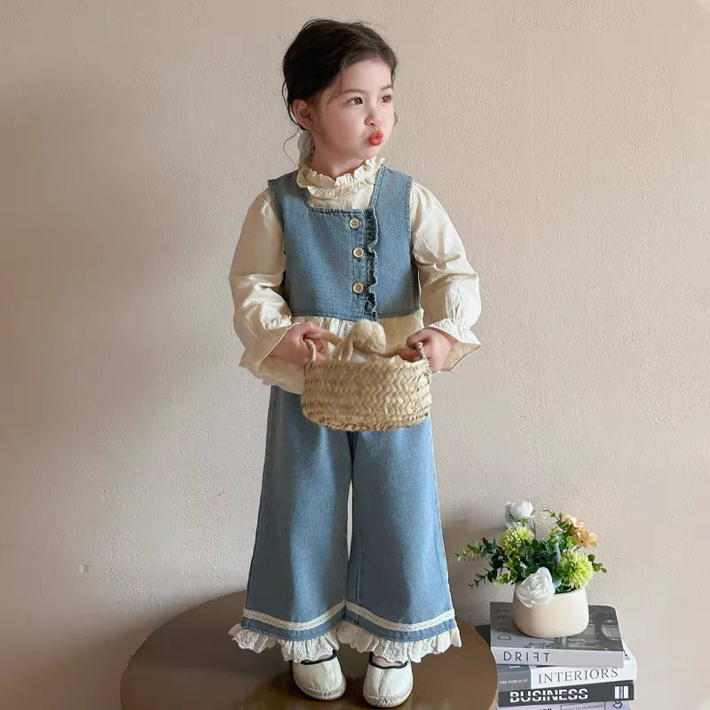 TZ2565/CS2567 Spring and Autumn Girls' Sleeveless Cowboy vest Set with Solid Color Lace Shirt Fashion New Product