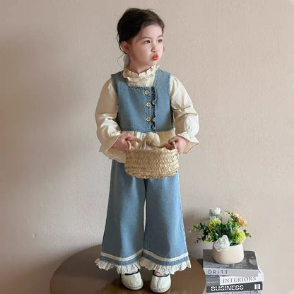TZ2565/CS2567 Spring and Autumn Girls' Sleeveless Cowboy vest Set with Solid Color Lace Shirt Fashion New Product