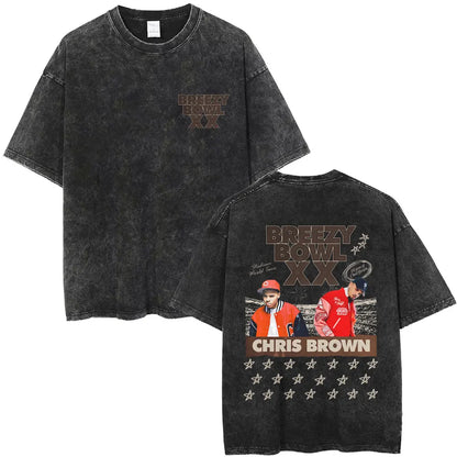 Vintage Washed Chris Brown Graphic T-shirt Breezy Bowl XX Tour 2025 Merch T Shirts Men Women Hip Hop Fashion Oversized T-shirts