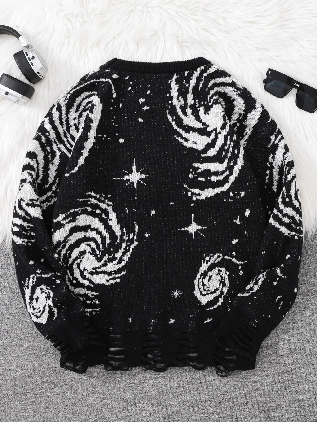 New Trendy Street Style Ripped Abstract Starry Sky Pattern Pullover Ripped Sweater Casual Crew Neck Knitted Men's Pullover