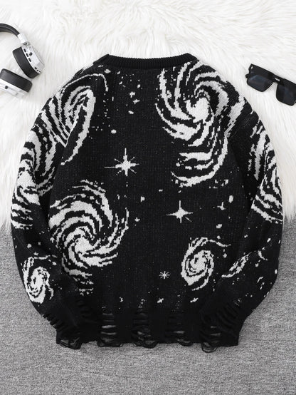 New Trendy Street Style Ripped Abstract Starry Sky Pattern Pullover Ripped Sweater Casual Crew Neck Knitted Men's Pullover