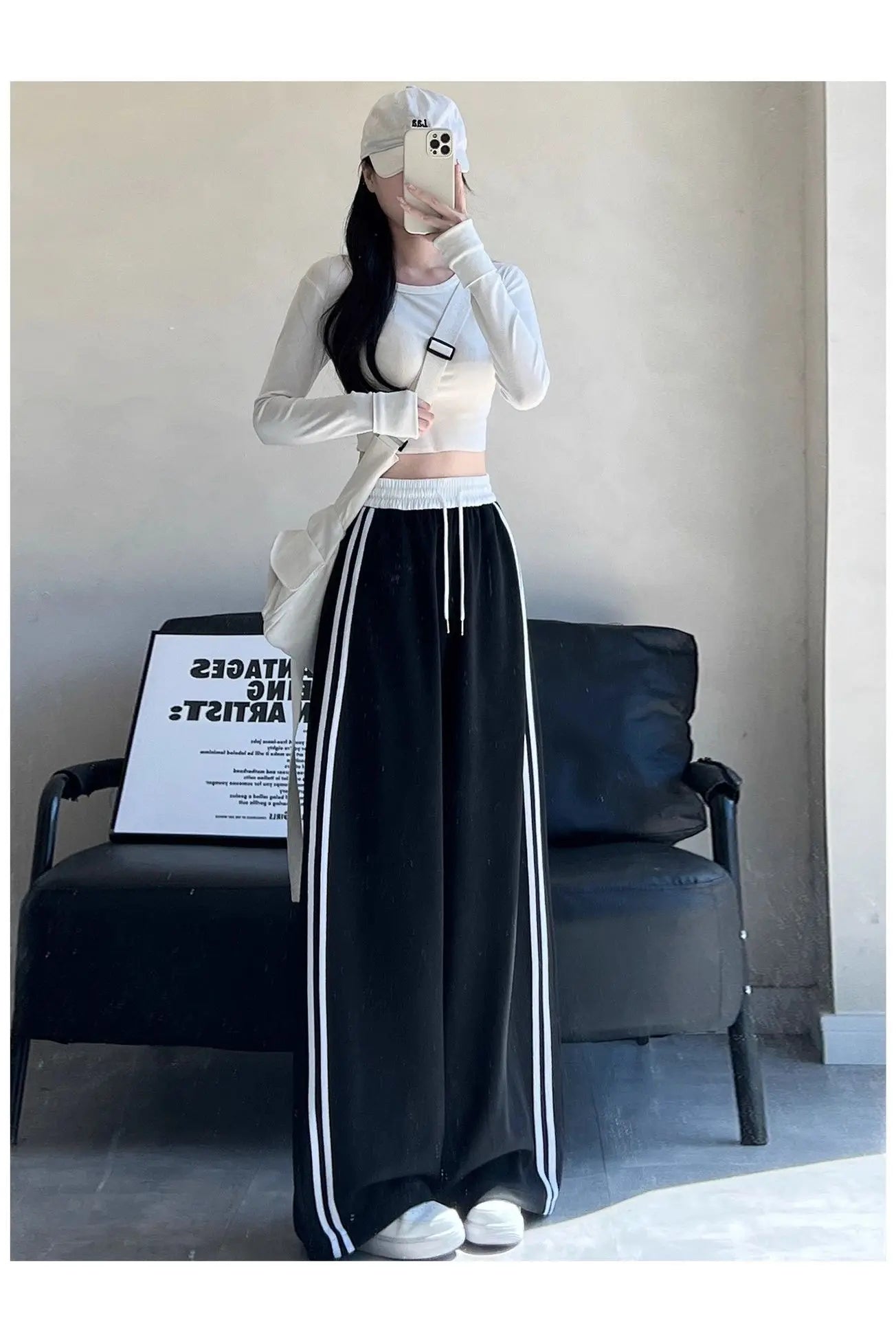 High Waist Wide Leg Pants Women's Spring Autumn New Style Loose American Knife Edge Sports Trousers Color Block Striped