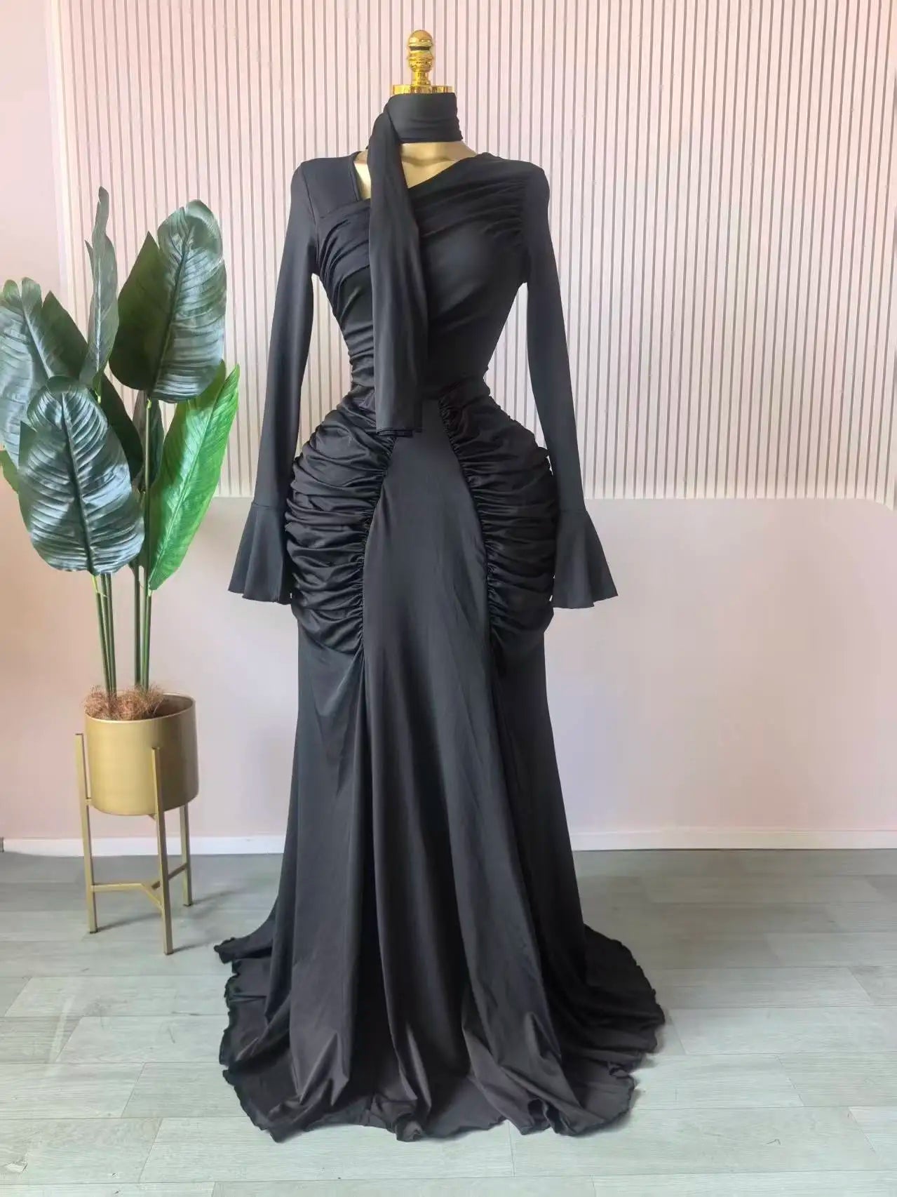 CM.YAYA Women Skew Neck Flare Long Sleeve Ruched Stacked Maxi Long Dress Fall Birthday Evening Sexy Party Dresses with Scarf