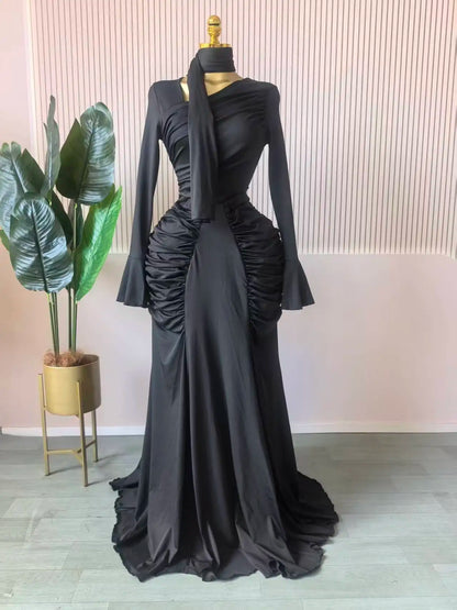 CM.YAYA Women Skew Neck Flare Long Sleeve Ruched Stacked Maxi Long Dress Fall Birthday Evening Sexy Party Dresses with Scarf