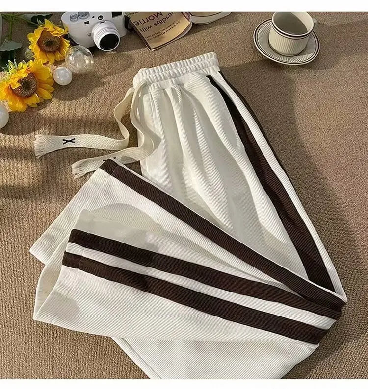 Thickened Fleece Corduroy Pants High Waist Loose Straight Leg Striped High School Students Autumn Winter Fashion Brand Teenag...