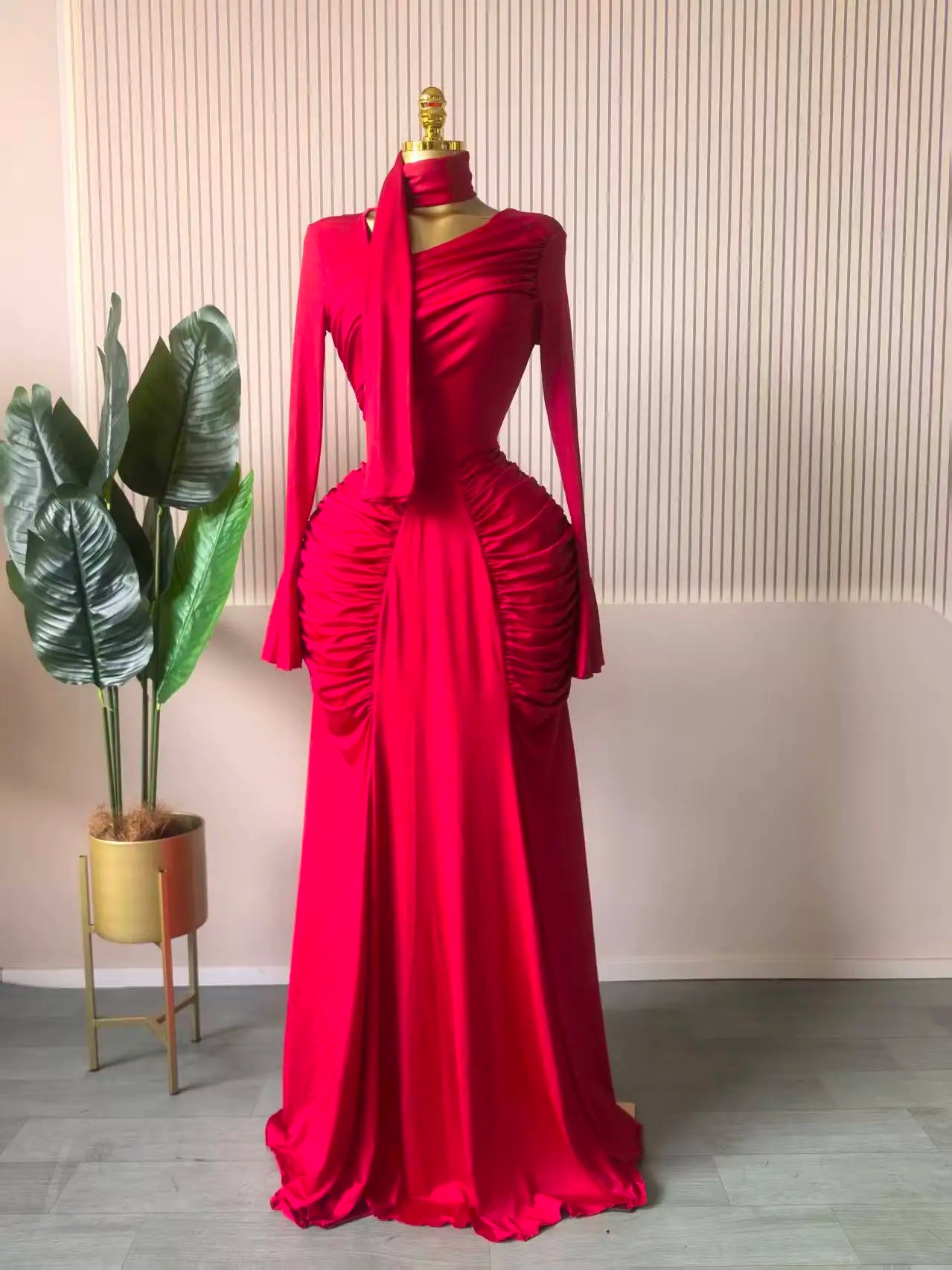 CM.YAYA Women Skew Neck Flare Long Sleeve Ruched Stacked Maxi Long Dress Fall Birthday Evening Sexy Party Dresses with Scarf