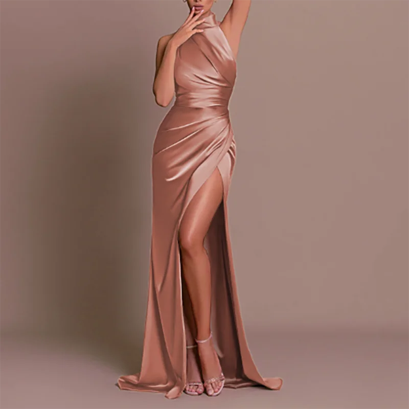 Summer New Half High Collar Halter Dress Elegant Slim Sleeveless Satin Evening Dress Chic Solid High Split Pleated Banquet Dress
