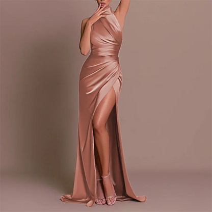 Summer New Half High Collar Halter Dress Elegant Slim Sleeveless Satin Evening Dress Chic Solid High Split Pleated Banquet Dress