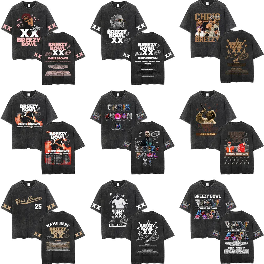 Vintage Washed Chris Brown Graphic T-shirt Breezy Bowl XX Tour 2025 Merch T Shirts Men Women Hip Hop Fashion Oversized T-shirts
