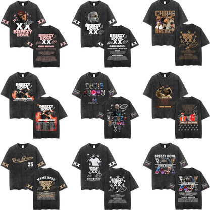 Vintage Washed Chris Brown Graphic T-shirt Breezy Bowl XX Tour 2025 Merch T Shirts Men Women Hip Hop Fashion Oversized T-shirts