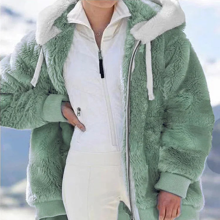 New Autumn/Winter Loose Plush Zipper Hooded Coat for Women