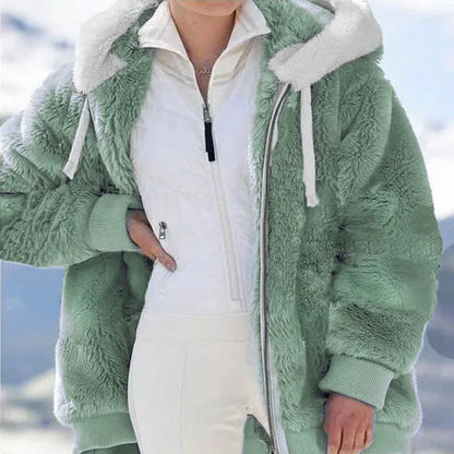 New Autumn/Winter Loose Plush Zipper Hooded Coat for Women