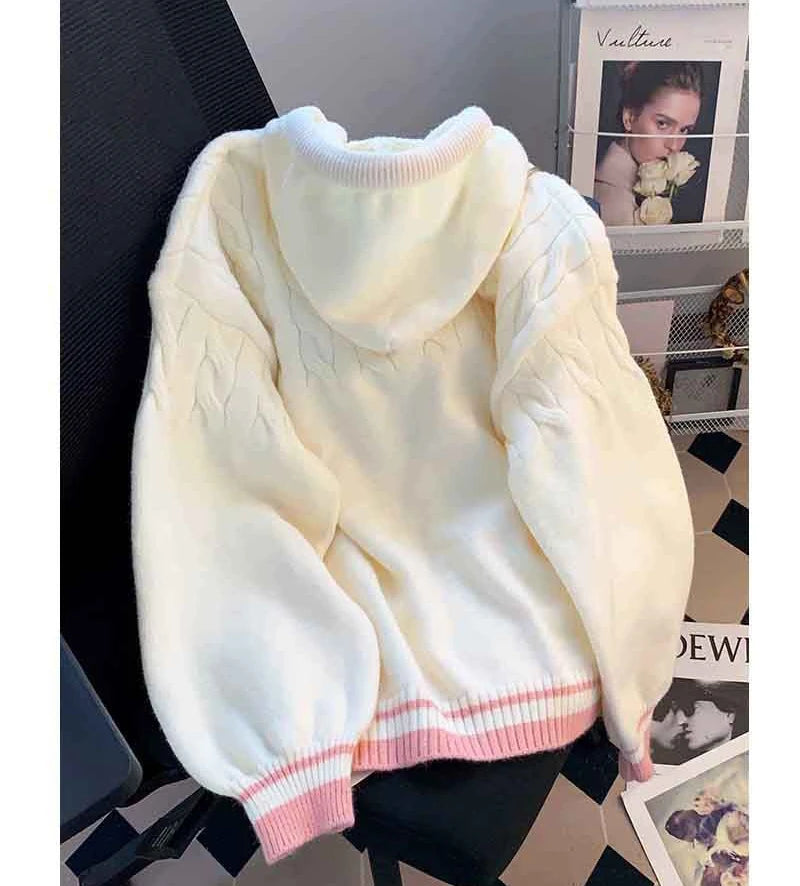Cute Sweet Cardigan Sweaters Women Lazy Wind White Knitted Coats Long Sleeve Loose Female Japan Kawaii Elegant Hooded Tops
