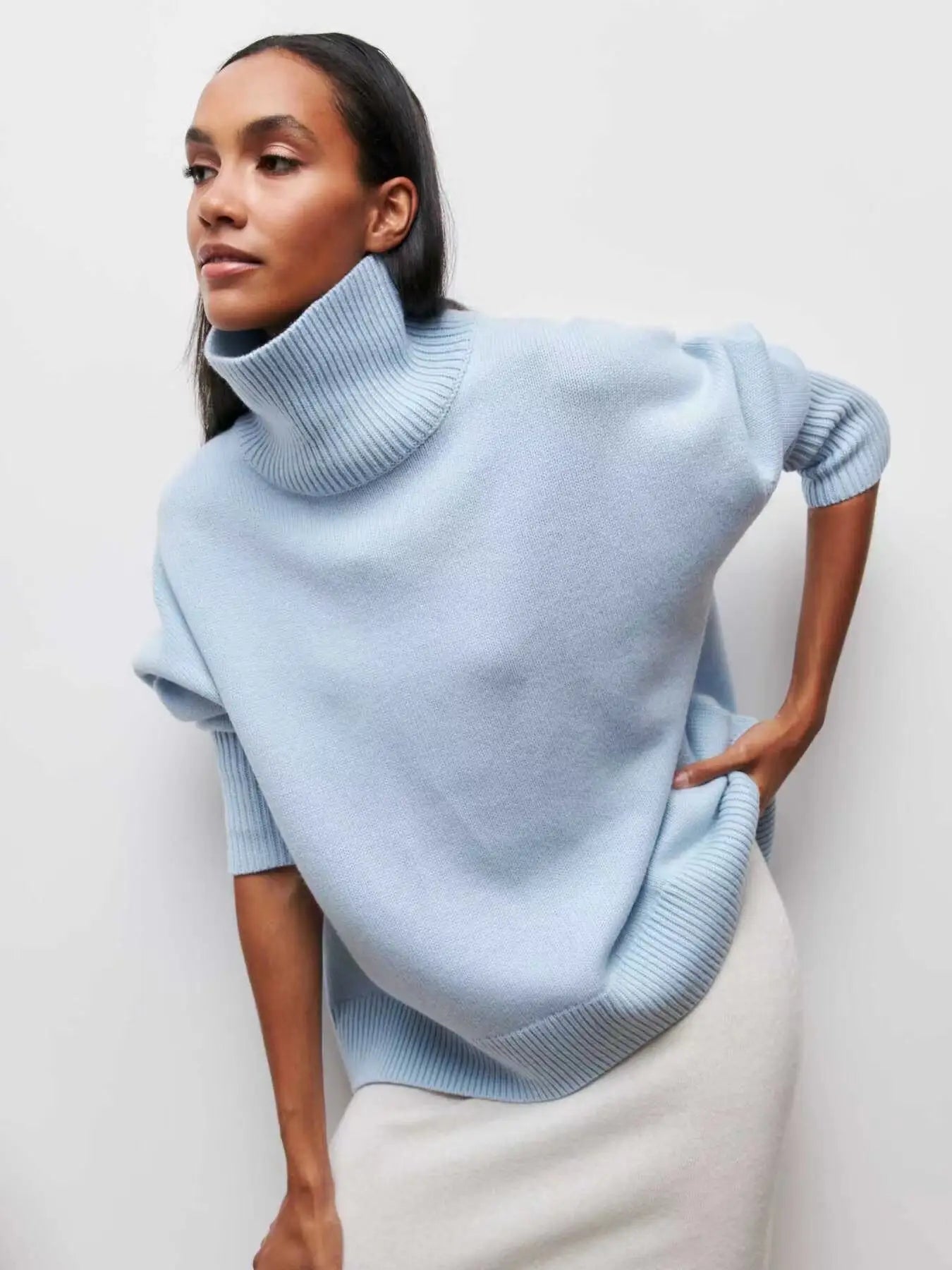 Original Light Luxury O-neck Knit Sweater Autumn And Winter Women's Elegant Loose Mock Neck Solid Color Warm Outerwear Sweater