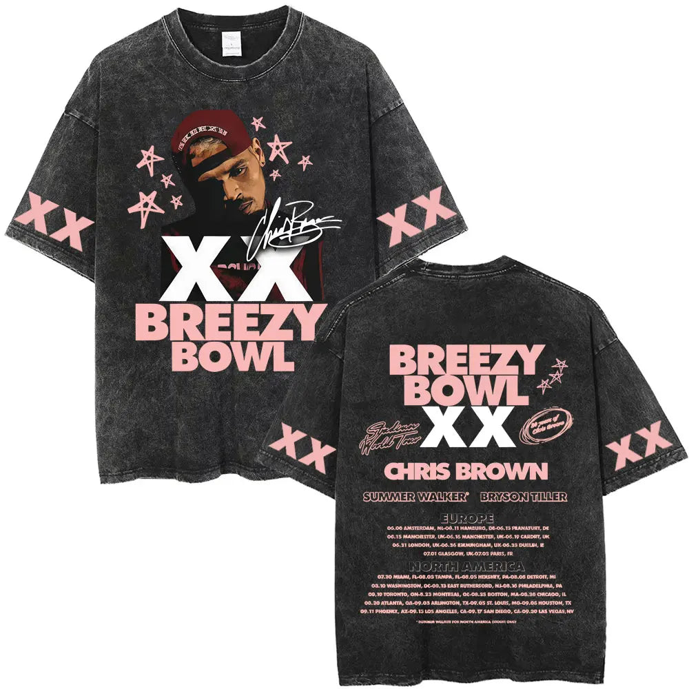 Vintage Washed Chris Brown Graphic T-shirt Breezy Bowl XX Tour 2025 Merch T Shirts Men Women Hip Hop Fashion Oversized T-shirts